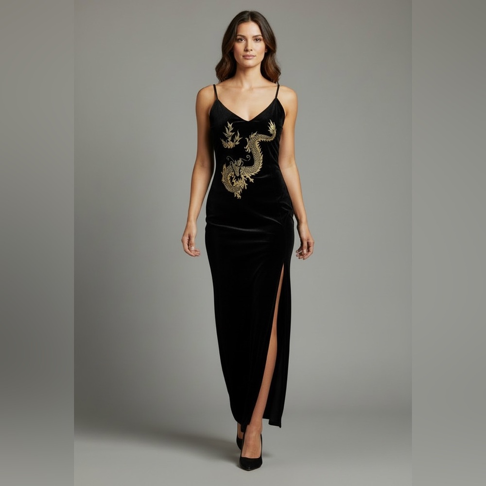 Vintage 1990s Frederick's of Hollywood Velvet Dragon Maxi Dress BlackGold Size:4